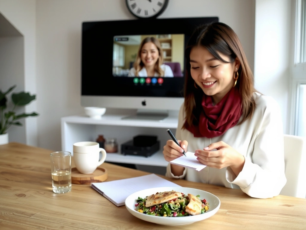 A woman in a video call with a nutritionist, smiling and taking notes, with a healthy meal in front of her.