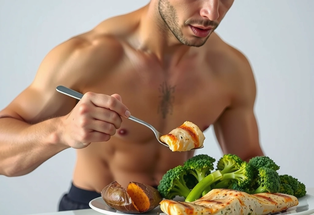 Athlete eating a balanced meal after a workout, focusing on protein and complex carbs.