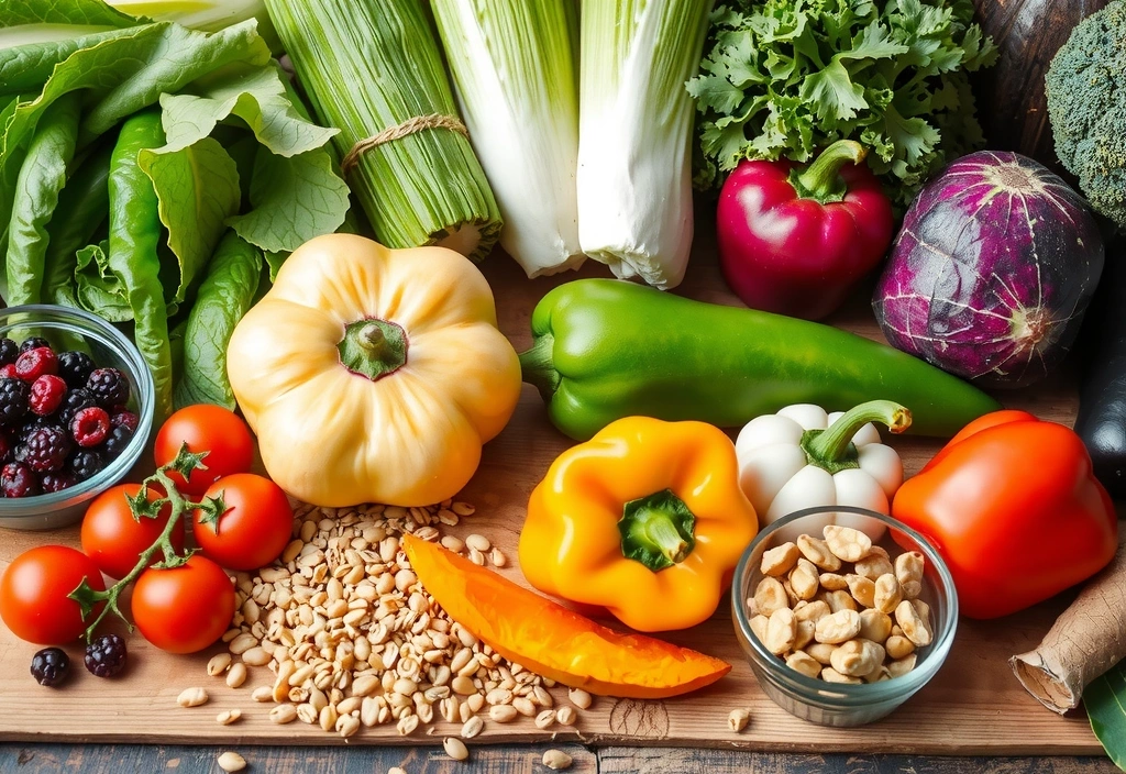 Variety of fresh plant-based foods like vegetables, fruits, and legumes on a rustic wooden table.