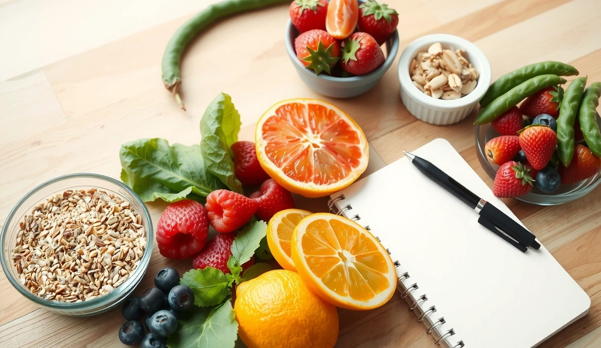 Vibrant, healthy food arrangement on a clean table with a notebook and pen, representing personalized plans.