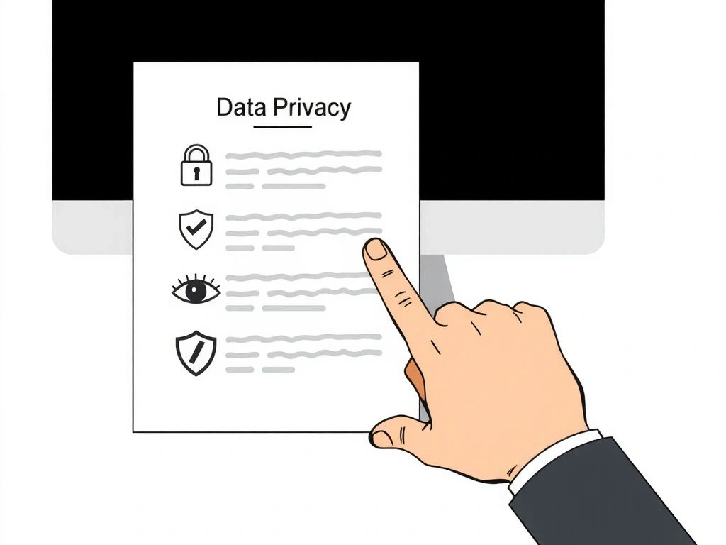 Illustration einer Hand, die auf ein Dokument mit Datenschutzsymbolen zeigt