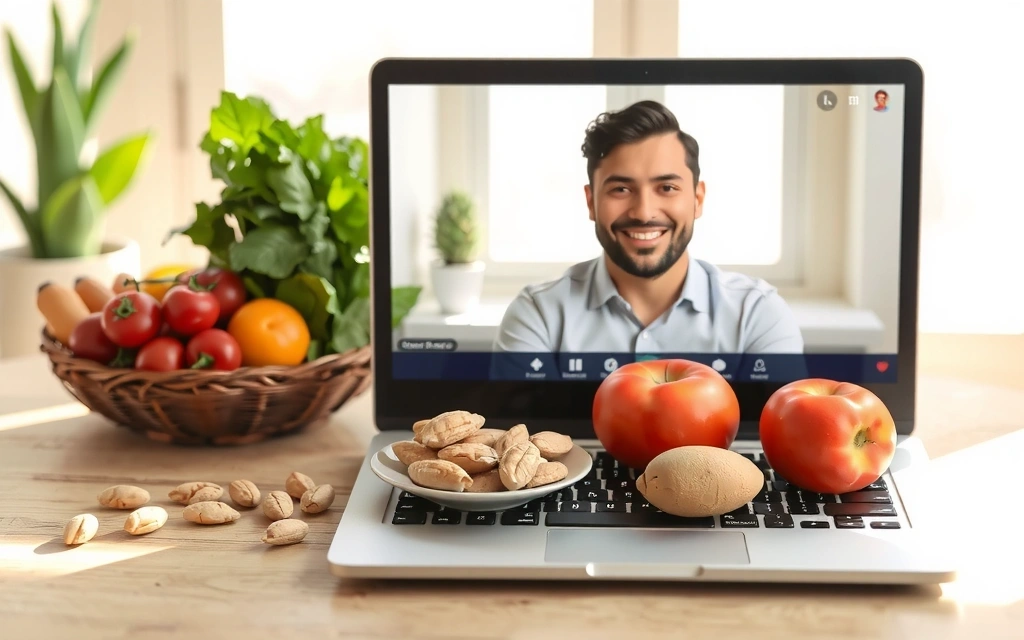 Moderne Darstellung von gesunden Lebensmitteln, Laptop und lächelnder Person, die Online-Ernährungsberatung symbolisiert
