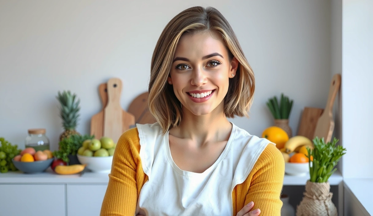 Ein professionelles, freundliches Porträt einer Ernährungsberaterin in einer sauberen, modernen Umgebung, die lächelnd in die Kamera schaut.