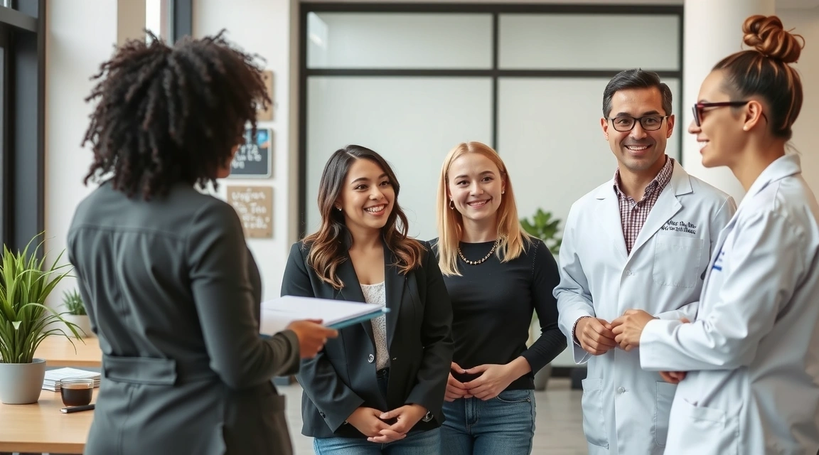 Ein vielfältiges Team von Ernährungsberatern, die in einem modernen Büro zusammenarbeiten, lächeln und engagiert sind.