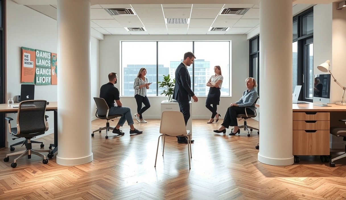 Ein modernes und helles Büro, das ein einladendes Umfeld für die Zusammenarbeit und Teamarbeit bietet, mit einem leeren Stuhl, der einen neuen Teamkollegen erwartet.