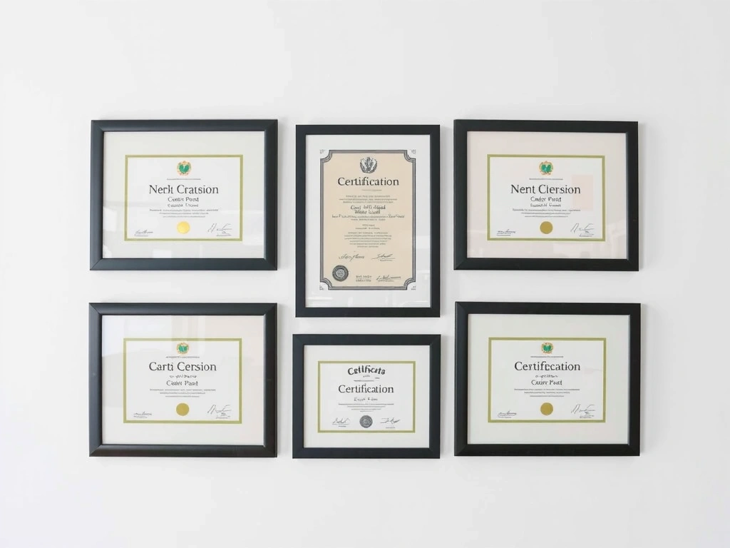 Professionelle Darstellung gerahmter Zertifikate und Diplome an einer modernen Wand, die Expertise und Qualifikation ausstrahlen.